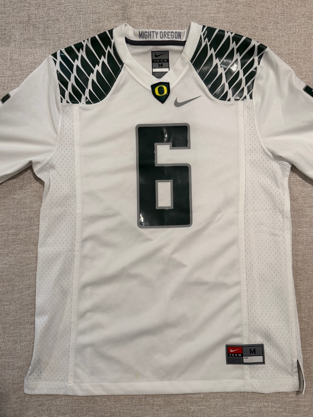 Nike White Oregon Ducks #6 Football Jersey with Dark Green Accents
